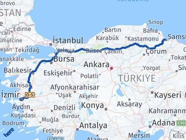 Samsun Balçova İzmir Arası Kaç Km - Yol Haritası