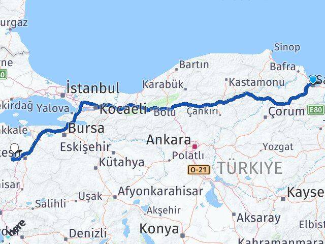 Samsun Balya Balıkesir Arası Kaç Km - Yol Haritası