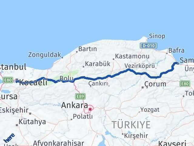 Samsun Başiskele Kocaeli Arası Kaç Km - Yol Haritası