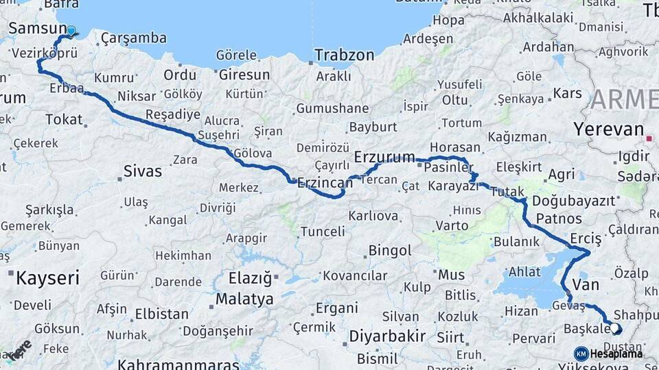 Samsun Başkale Van Arası Kaç Km - Yol Haritası