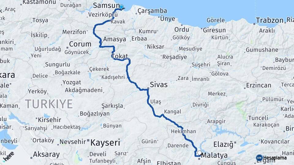 Samsun Battalgazi Malatya Arası Kaç Km - Yol Haritası