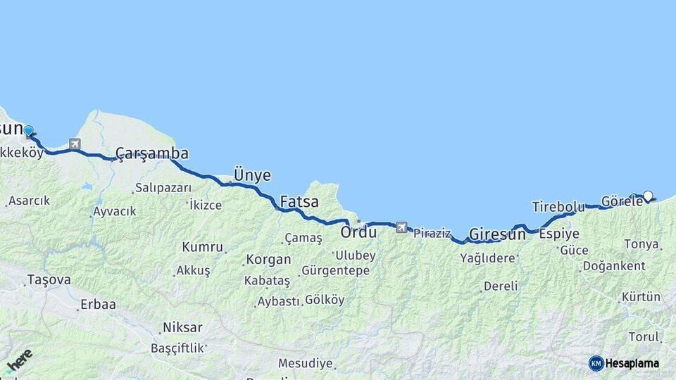 Samsun Beşikdüzü Trabzon Arası Kaç Km - Yol Haritası