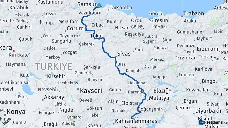 Samsun Besni Adıyaman Arası Kaç Km - Yol Haritası