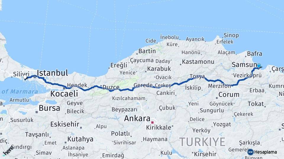 Samsun Beylikdüzü İstanbul Arası Kaç Km - Yol Haritası