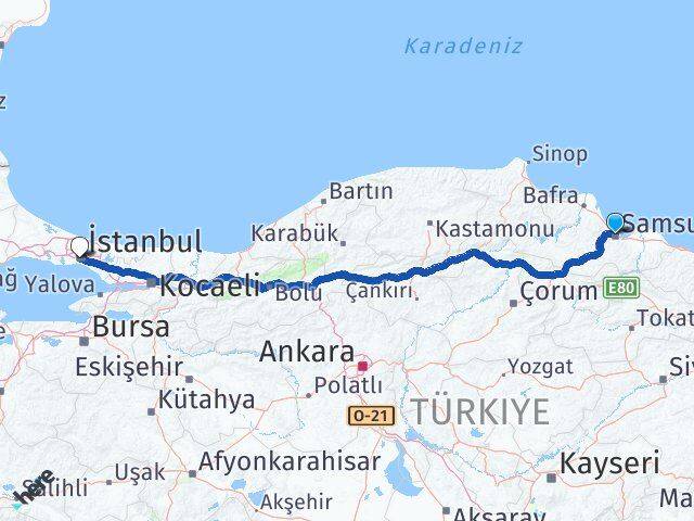 Samsun Beyoğlu İstanbul Arası Kaç Km - Yol Haritası