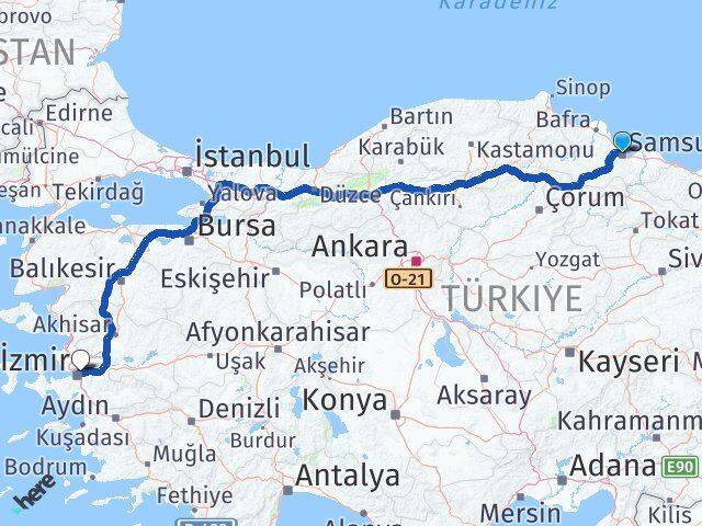 Samsun Bornova İzmir Arası Kaç Km - Yol Haritası