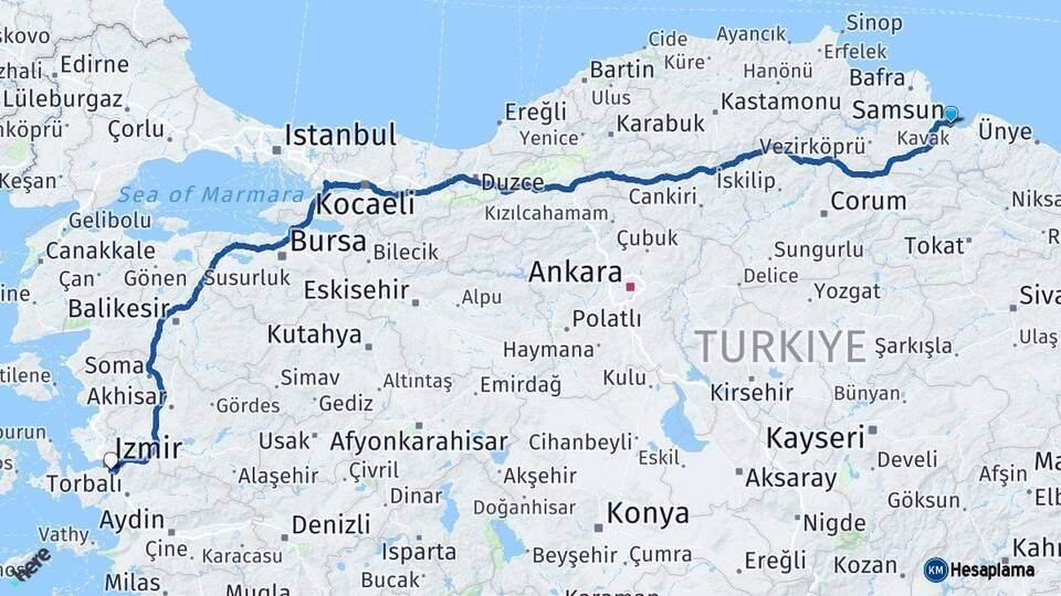 Samsun Buca İzmir Arası Kaç Km - Yol Haritası