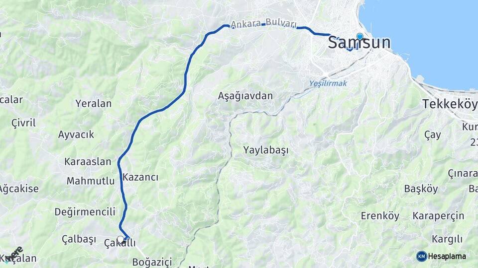 Samsun Çakallı Kavak Arası Kaç Km - Yol Haritası