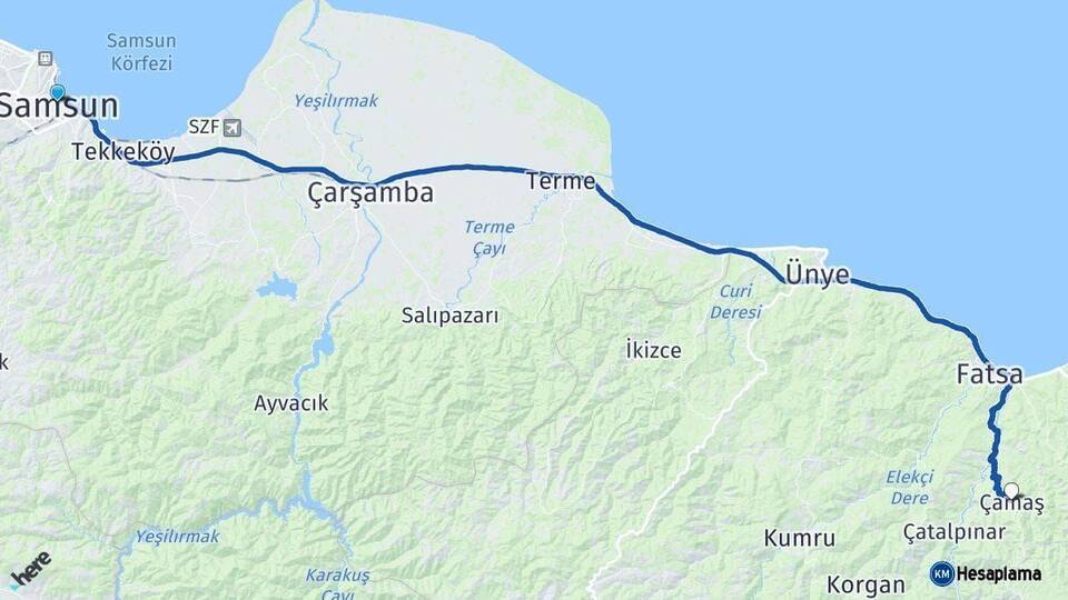 Samsun Çamaş Ordu Arası Kaç Km - Yol Haritası
