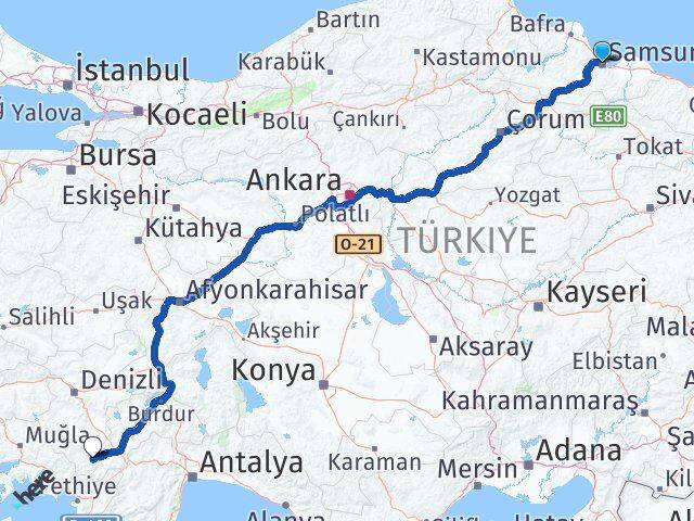 Samsun Çameli Denizli Arası Kaç Km - Yol Haritası