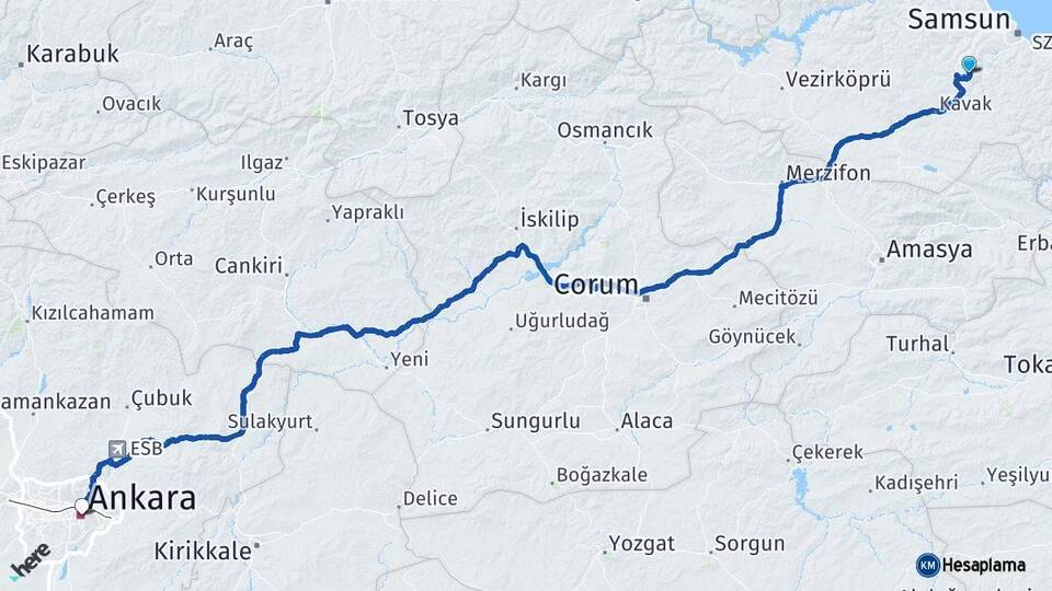 Samsun Canik Ankara Arası Kaç Km - Yol Haritası