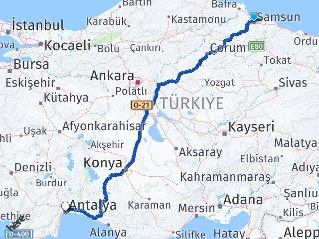 Samsun Canik Antalya Arası Kaç Km - Yol Haritası