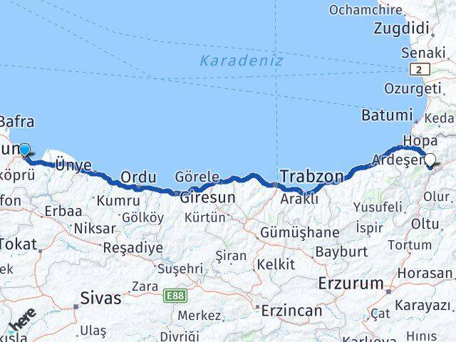 Samsun Canik Artvin Arası Kaç Km - Yol Haritası
