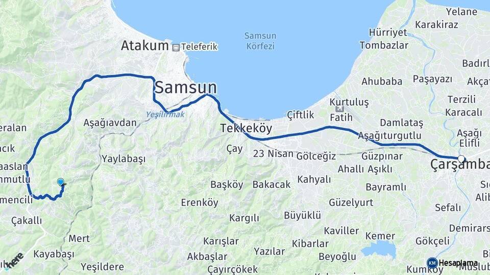 Samsun Canik Çarşamba Arası Kaç Km - Yol Haritası