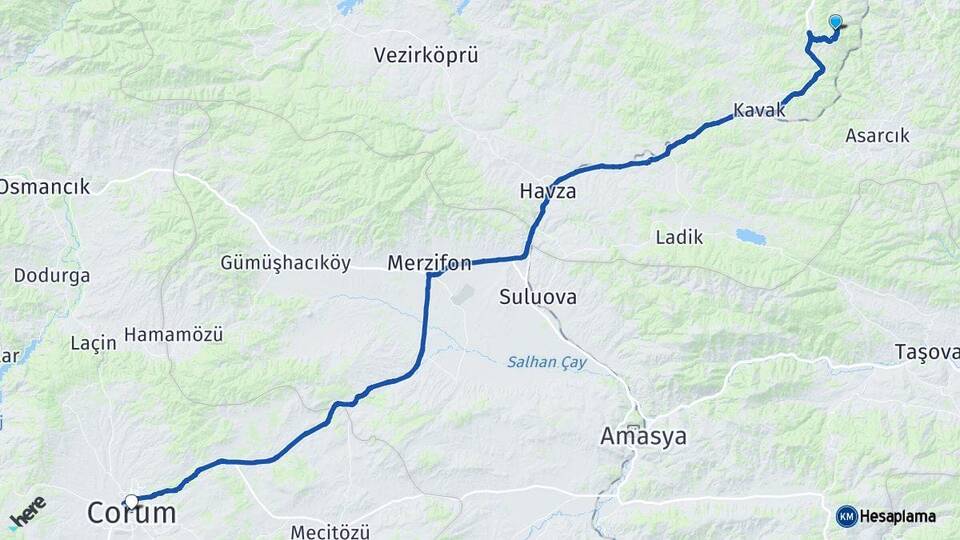 Samsun Canik Çorum Arası Kaç Km - Yol Haritası