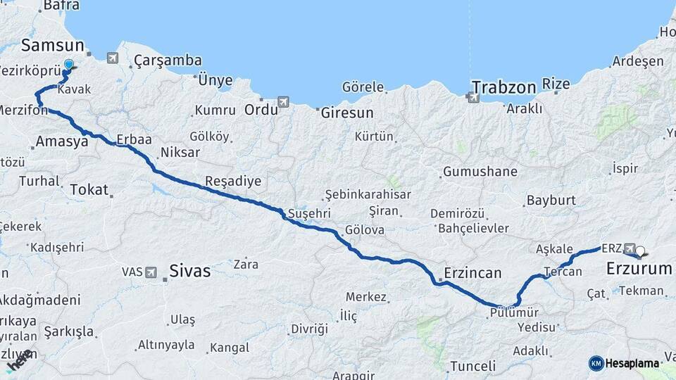 Samsun Canik Erzurum Arası Kaç Km - Yol Haritası