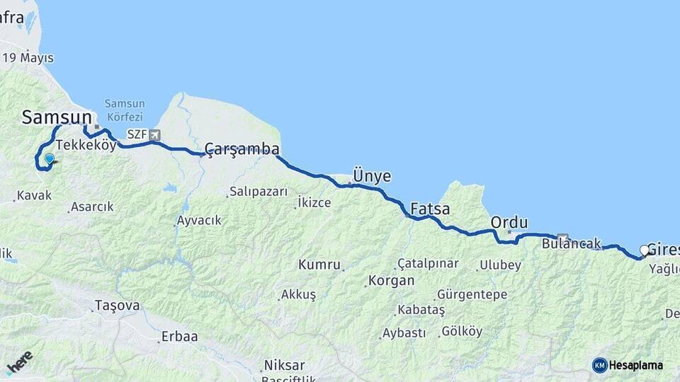 Samsun Canik Giresun Arası Kaç Km - Yol Haritası