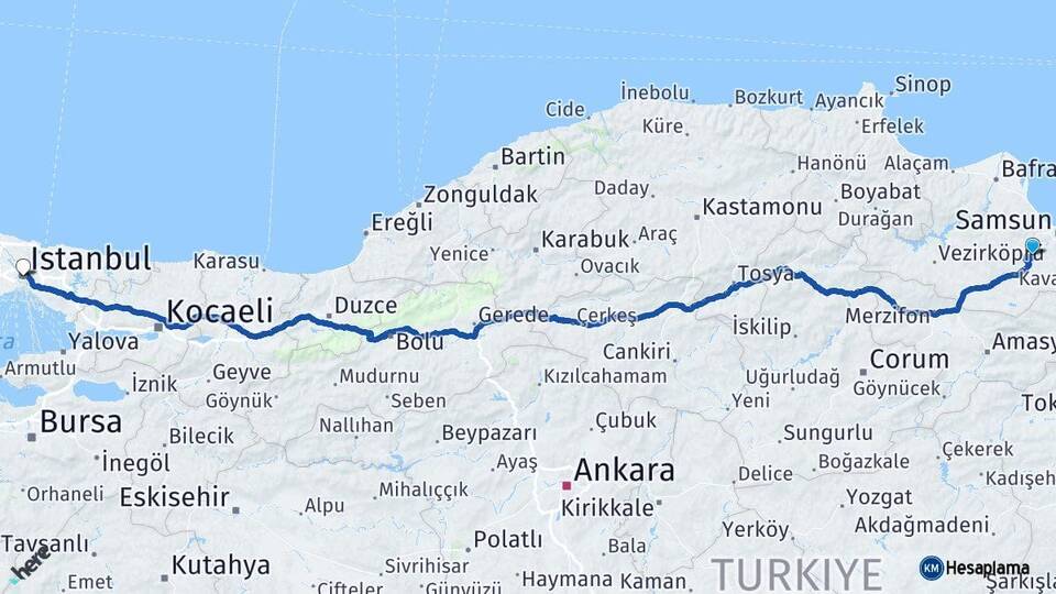 Samsun Canik İstanbul Arası Kaç Km - Yol Haritası