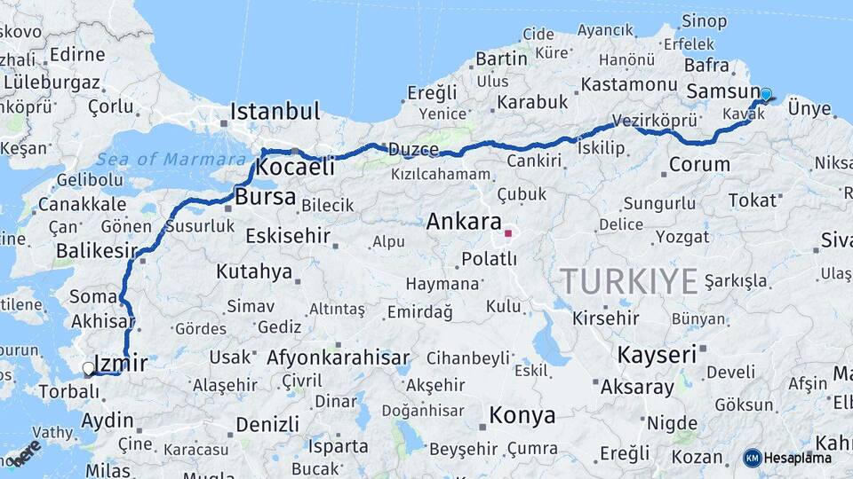 Samsun Canik İzmir Arası Kaç Km - Yol Haritası