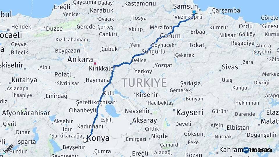 Samsun Canik Konya Arası Kaç Km - Yol Haritası