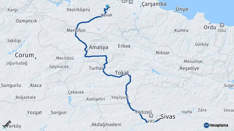 Samsun Canik Sivas Arası Kaç Km - Yol Haritası