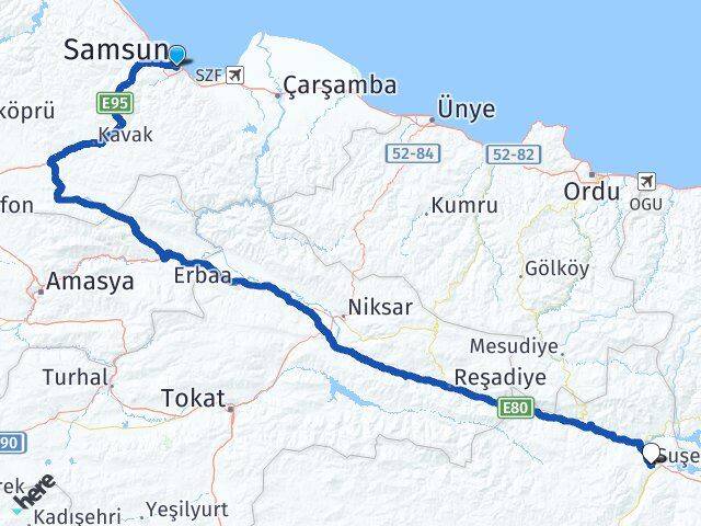 Samsun Canik Suşehri Sivas Arası Kaç Km - Yol Haritası