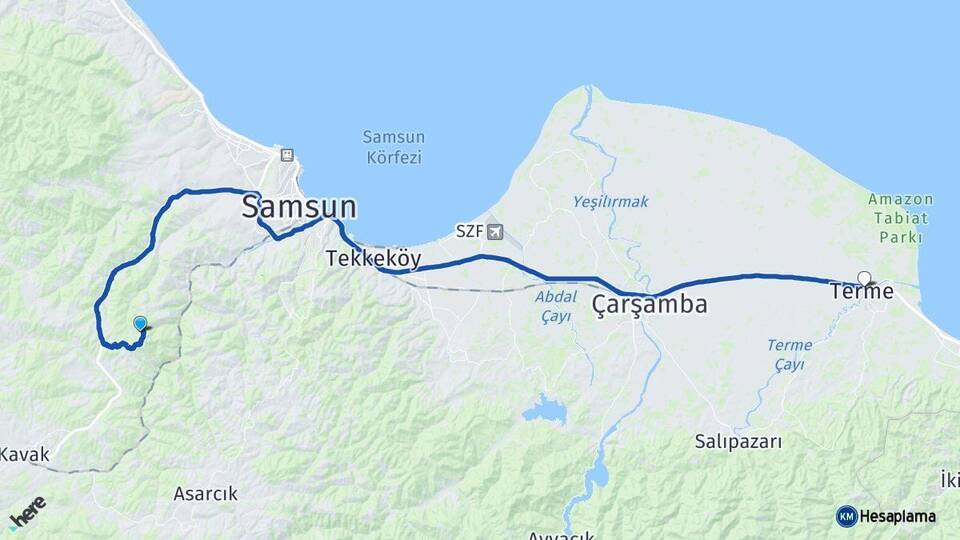 Samsun Canik Terme Arası Kaç Km - Yol Haritası