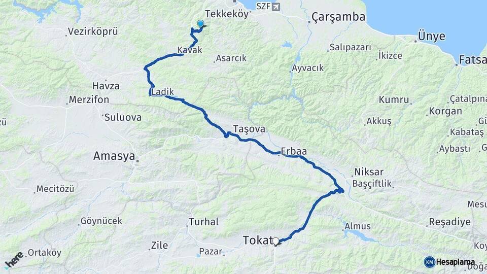 Samsun Canik Tokat Arası Kaç Km - Yol Haritası