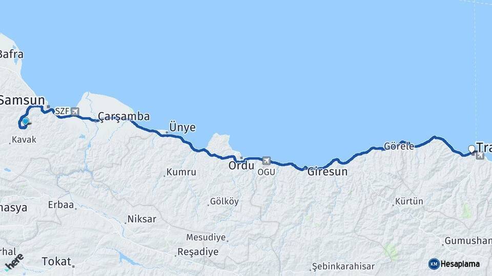 Samsun Canik Trabzon Arası Kaç Km - Yol Haritası