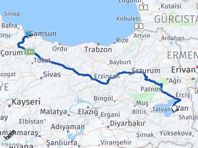 Samsun Canik Van Arası Kaç Km - Yol Haritası