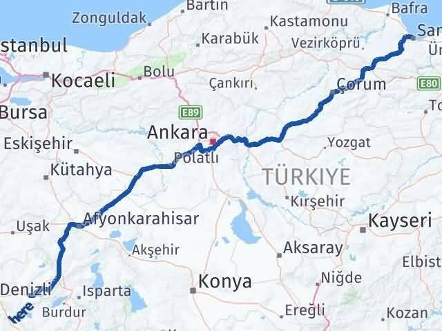 Samsun Çardak Denizli Arası Kaç Km - Yol Haritası