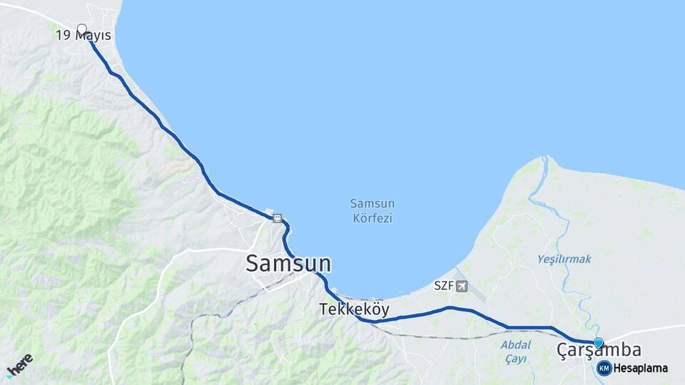 Samsun Çarşamba 19 Mayıs Arası Kaç Km - Yol Haritası