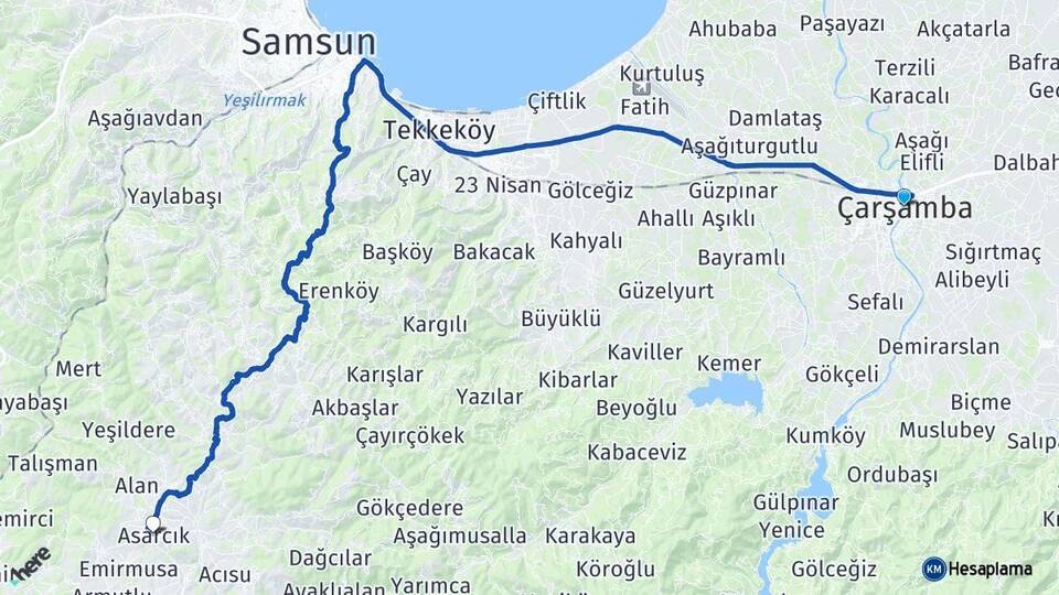 Samsun Çarşamba Asarcık Arası Kaç Km - Yol Haritası
