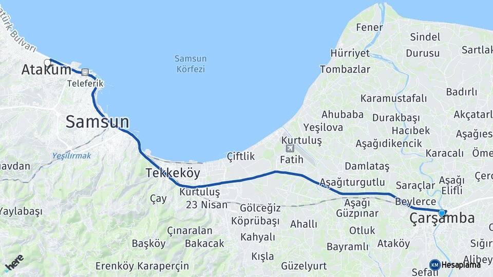 Samsun Çarşamba Atakum Arası Kaç Km - Yol Haritası
