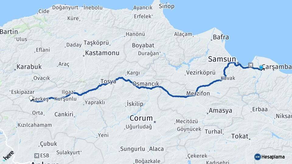 Samsun Çarşamba Çerkeş Çankırı Arası Kaç Km - Yol Haritası