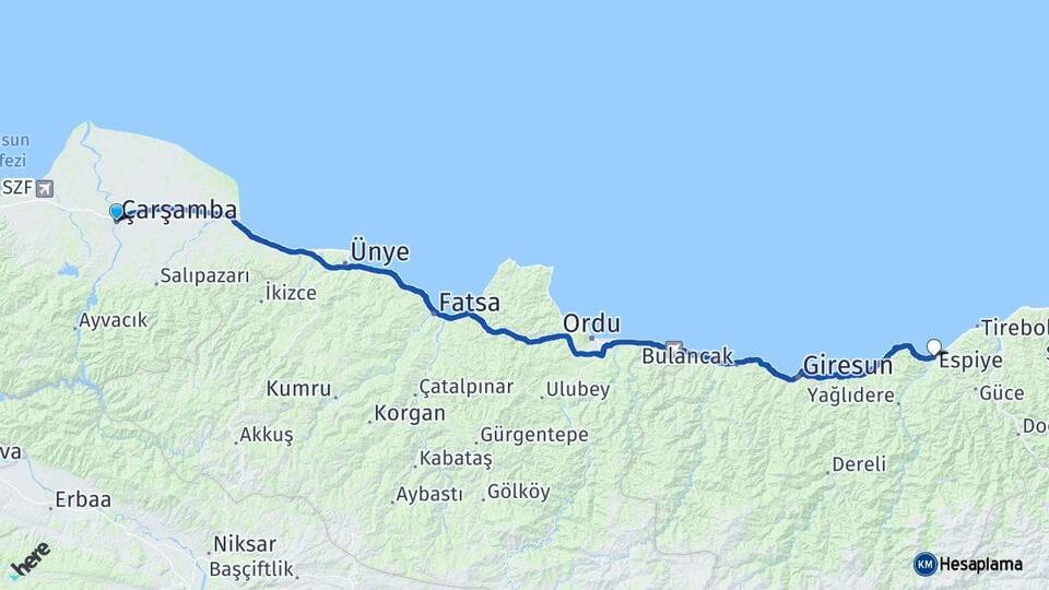 Samsun Çarşamba Espiye Giresun Arası Kaç Km - Yol Haritası