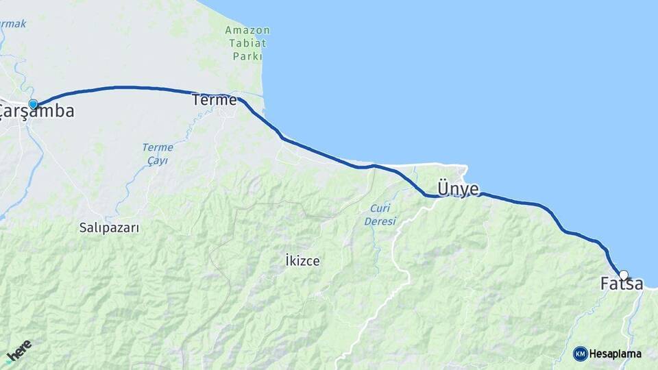 Samsun Çarşamba Fatsa Ordu Arası Kaç Km - Yol Haritası
