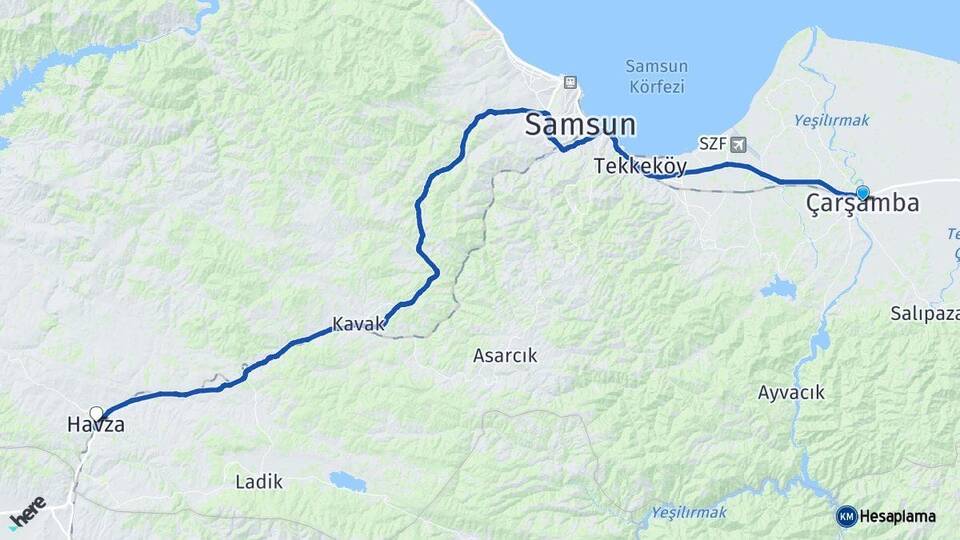 Samsun Çarşamba Havza Arası Kaç Km - Yol Haritası