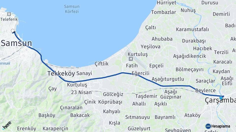 Samsun Çarşamba İlkadım Arası Kaç Km - Yol Haritası