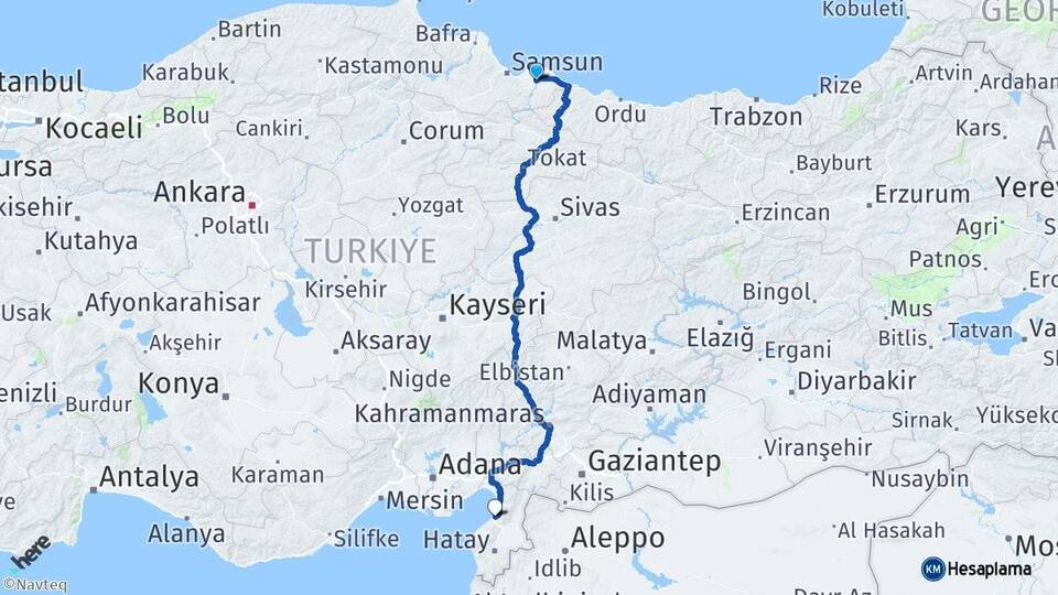 Samsun Çarşamba İskenderun Hatay Arası Kaç Km - Yol Haritası