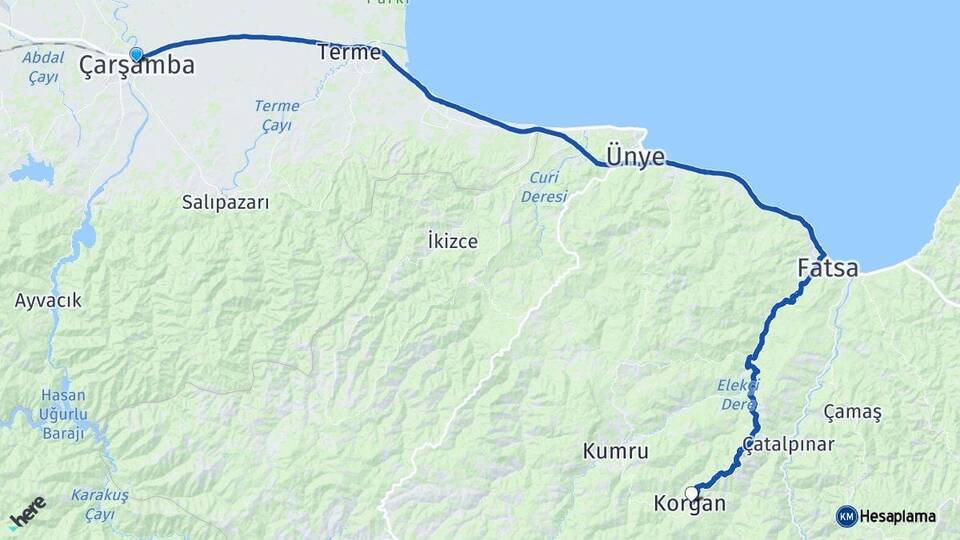 Samsun Çarşamba Korgan Ordu Arası Kaç Km - Yol Haritası