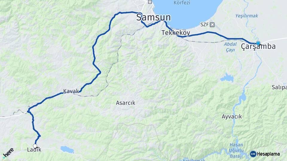 Samsun Çarşamba Ladik Arası Kaç Km - Yol Haritası