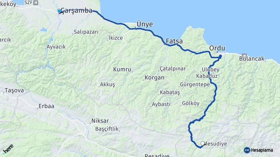 Samsun Çarşamba Mesudiye Ordu Arası Kaç Km - Yol Haritası