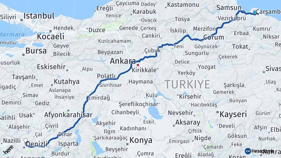 Samsun Çarşamba Pamukkale Denizli Arası Kaç Saat? Yol Haritası, Yakıt, Rota ve Mesafe Hesaplama Samsun Çarşamba Pamukkale Denizli Arası Kaç Km? Kaç Saat? Yol Haritası
