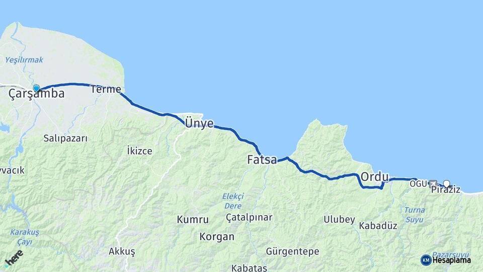 Samsun Çarşamba Piraziz Giresun Arası Kaç Km - Yol Haritası