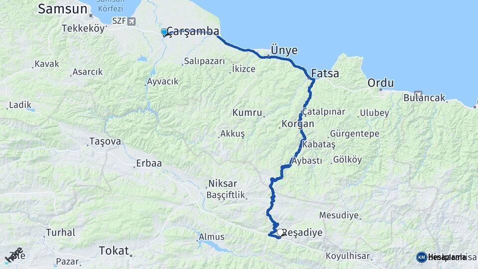 Samsun Çarşamba Reşadiye Tokat Arası Kaç Km - Yol Haritası