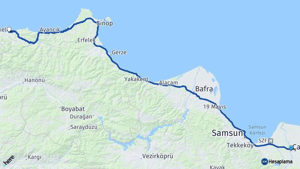 Samsun Çarşamba Türkeli Sinop Arası Kaç Km - Yol Haritası