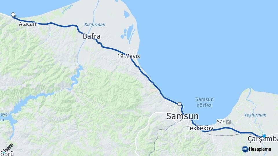 Samsun Çarşamba Yakakent Arası Kaç Km - Yol Haritası