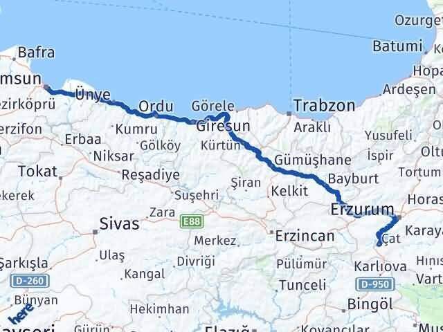 Samsun Çat Erzurum Arası Kaç Km - Yol Haritası
