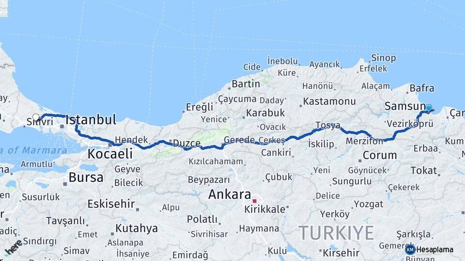 Samsun Çatalca İstanbul Arası Kaç Km - Yol Haritası